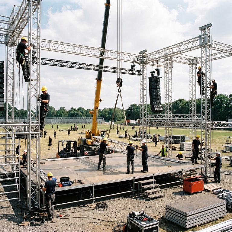 Nagy szabadtéri truss építés daruval